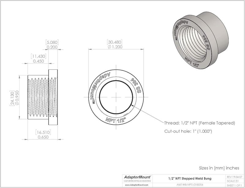 AdaptorMount 1/2" NPT Stainless Steel 304 Female Threaded Stepped Weld Bung Mounting Fitting (OD 1.0") with Top Head (OD 1.2") - Image 5